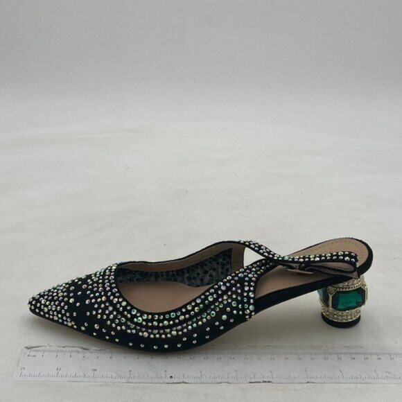 Women Pointed Toe Slingback Wedding Pumps Chunky Low Heel Rhinestone Sandals - Picture 3 of 7